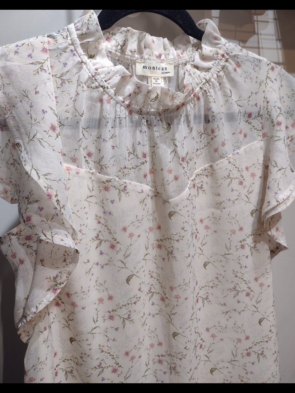 Last Chance Monteau Cream Floral Ruffle-Sleeve Blouse (Sz S) Garden Feminine - Picture 5 of 10